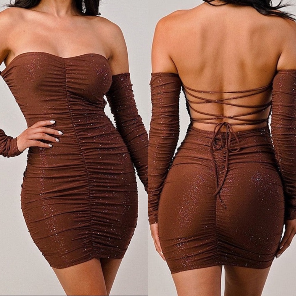 NEW Fashion boutique glitter mini dress club cute trendy sexy - Brown